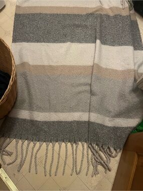Nordstrom Striped Fringe Throw in Gray, Cream & Tan